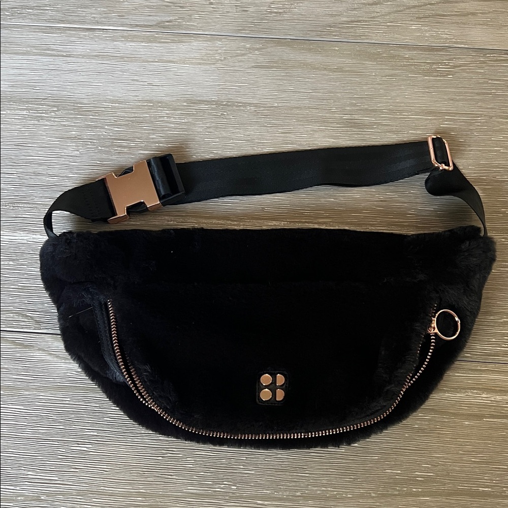 Sweaty Betty Black Faux Fur Belt Bag with Rose Gold Accents
